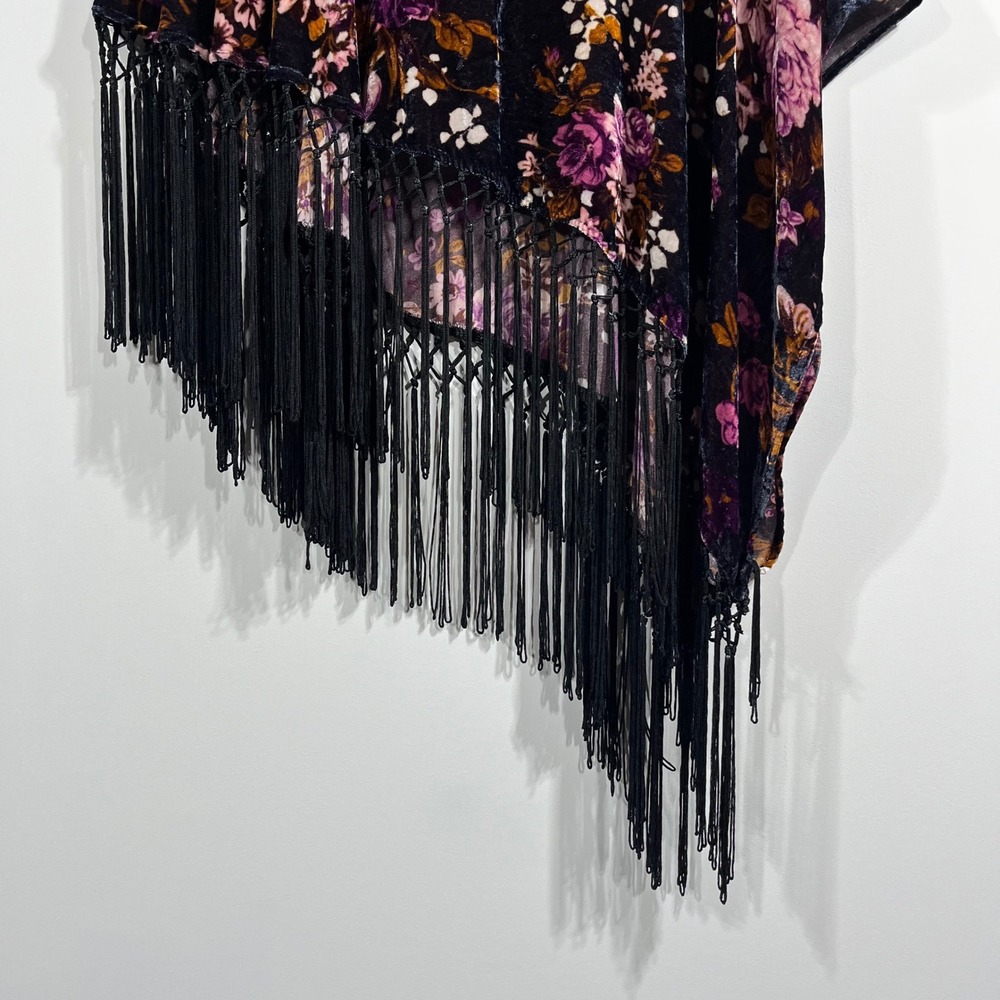 Saachi Anthropologie Womens Floral Velvet Fringe Poncho Top Boho Asymmetrical OS - Picture 3 of 12